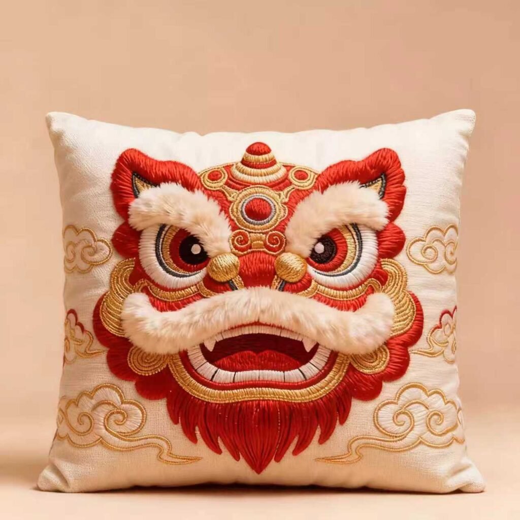Lion Dance Embroidered Pillow | Auspicious Guardian for the Home